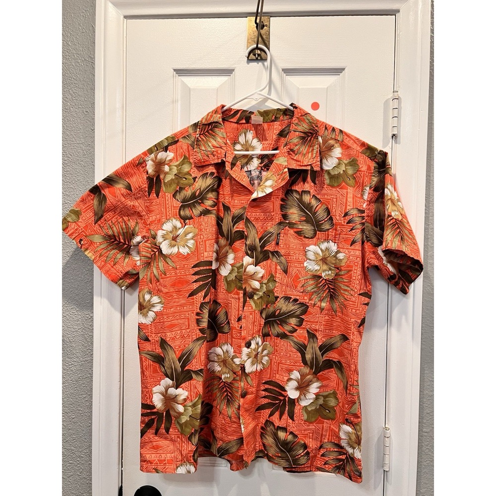 Palm wave Hawaii Men's XL Short Sleeve Floral Orange Cotton Shirt